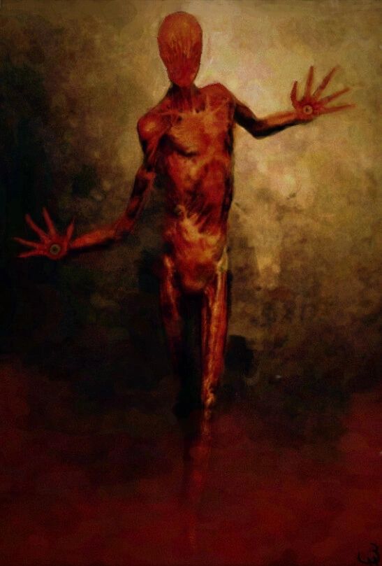 A skinless figure with arms outstretched